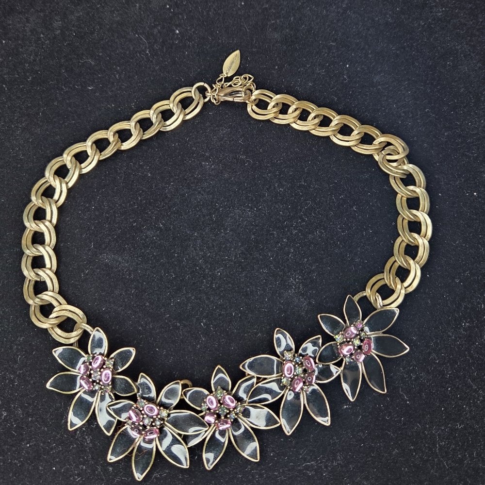 Vtg Coldwater Creek Art Deco Necklace Pink Rhinestones Black Enamel 16" w/3" ext
